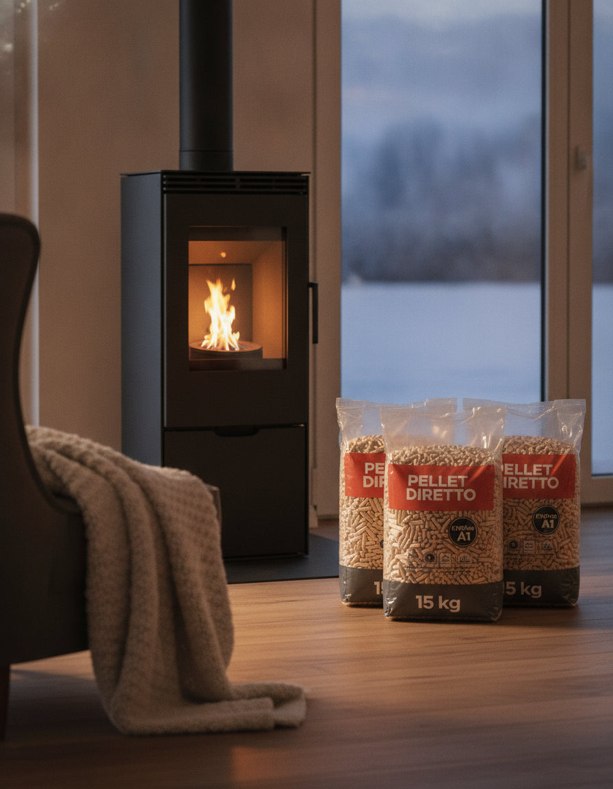Stufa a pellet accesa in un soggiorno d'inverno, con i sacchi di pellet accanto